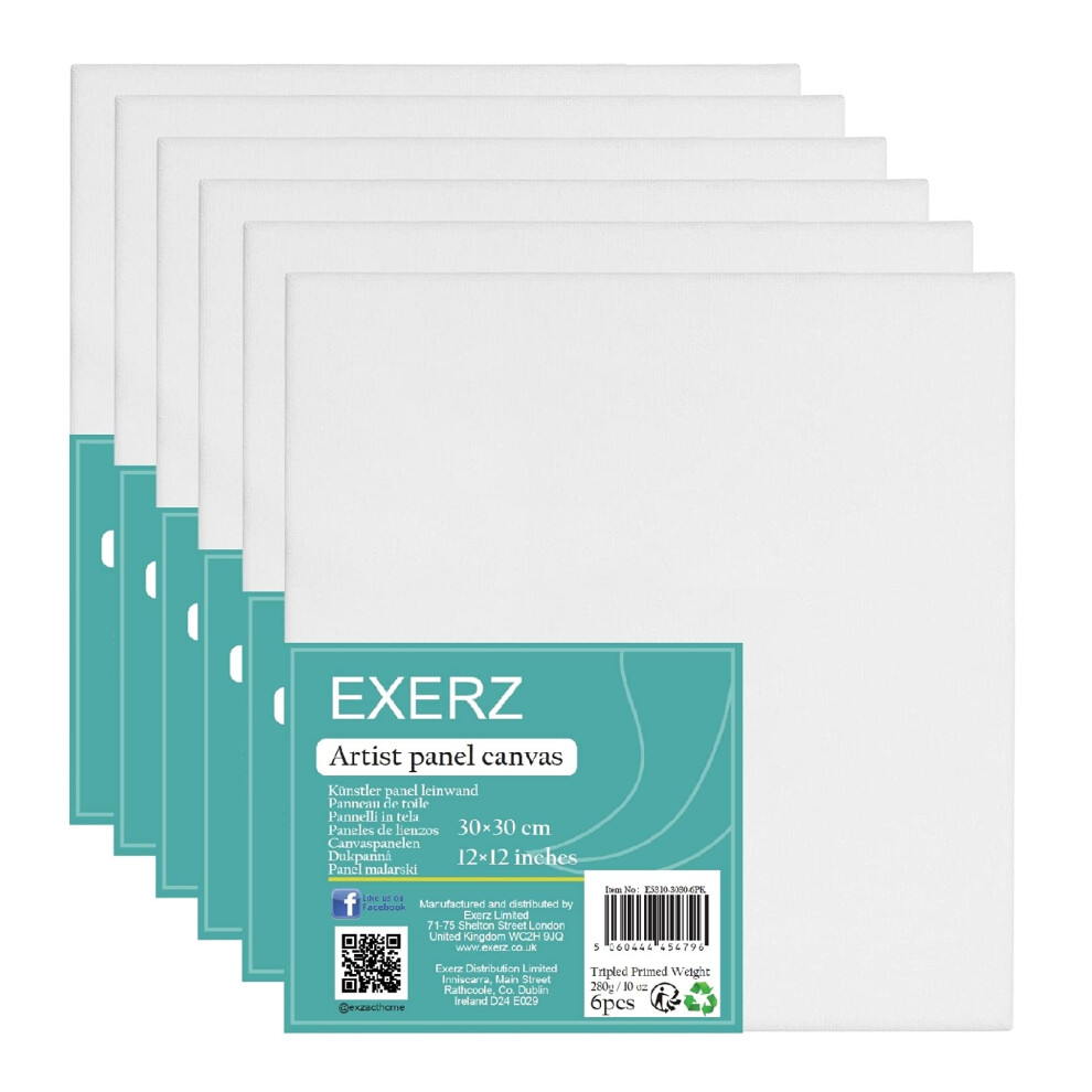 Exerz 30x30cm Canvas Panels 6pcs/ 3mm 280gsm 100% Cotton/Square Blank Artist Canvas Board/Triple Primed/Acid Free/Medium Grain - Oil & Acrylic