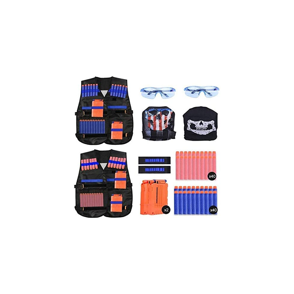 EXTSUD Kids Tactical Vest, 2 Sets Tactical Vest for Nerf Guns N-Strike Elite Series with 80Pcs Refill Darts, 2 Reload Clips, 2 Tactical Masks, 2 Wrist