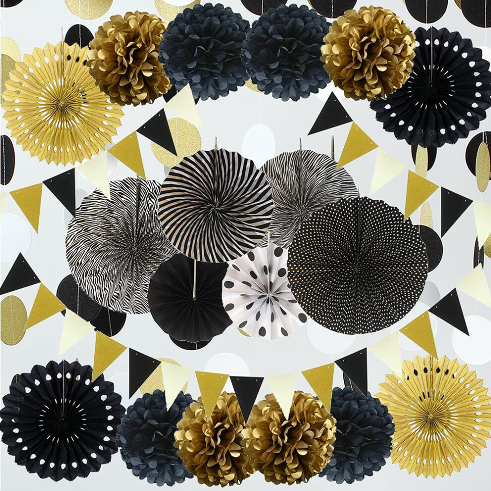 Black and Gold Party Decoration Set, 21 pcs Hanging Paper Fans, Pom Pom Flowers, Paper Bunting Flags and Polka Dot String for Mother?s Day Wedding