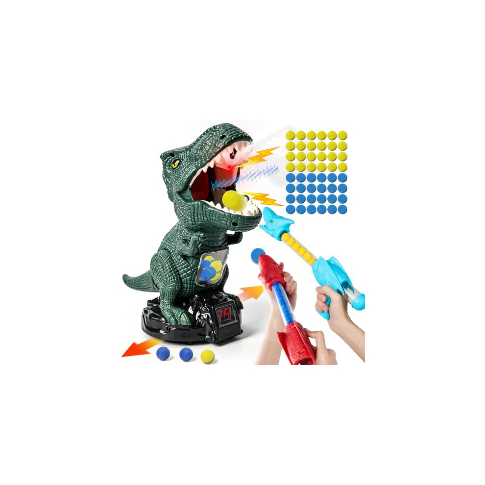 Protado Dinosaur Shooting Toy for Boys Girls, Movable Target Shooting Game with 2 Air Pump Launcher, 48 Foam Balls, LED Score Record, Spray Effect &