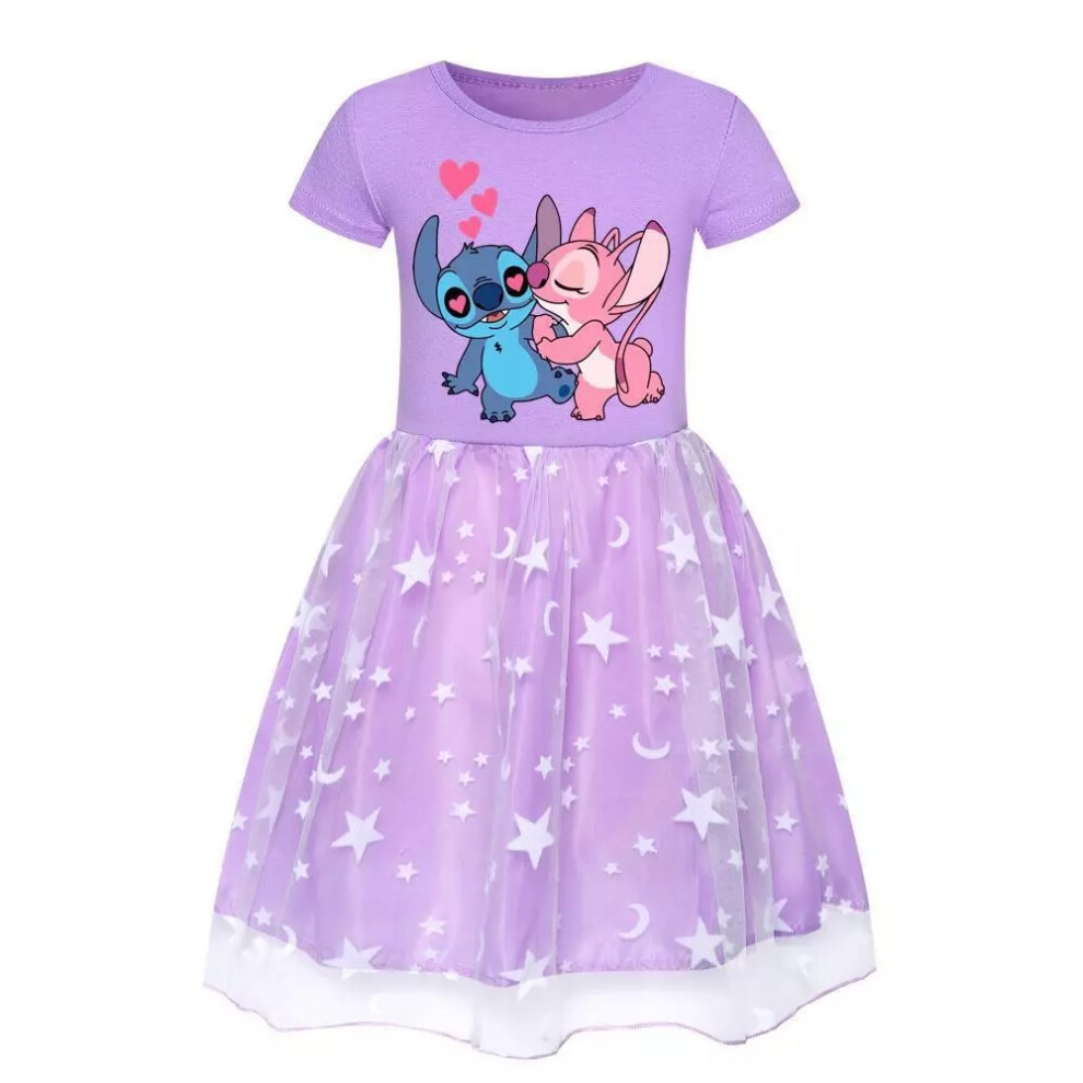 (03 Purple Star Dress, 6-7 Years) Kids Girls Stitch Rainbow Stars Mesh Skirts Party Princess Tutu Fancy Dress 2-9Y