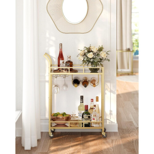 Spacious Gold Bar Cart with Wine Storage and Lockable Wheels 2