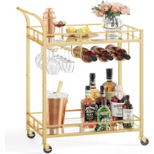 Spacious Gold Bar Cart with Wine Storage and Lockable Wheels