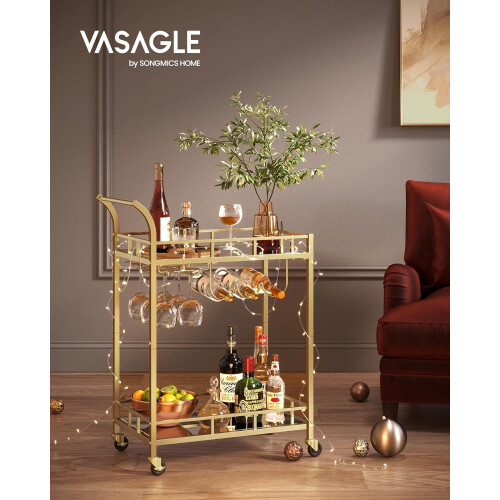 Spacious Gold Bar Cart with Wine Storage and Lockable Wheels 1
