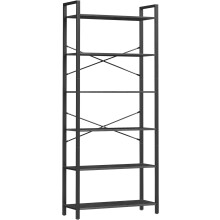 6-Tier Industrial Bookshelf with Ample Storage, Ebony Black