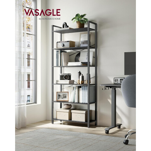 6-Tier Industrial Bookshelf with Ample Storage, Ebony Black 1