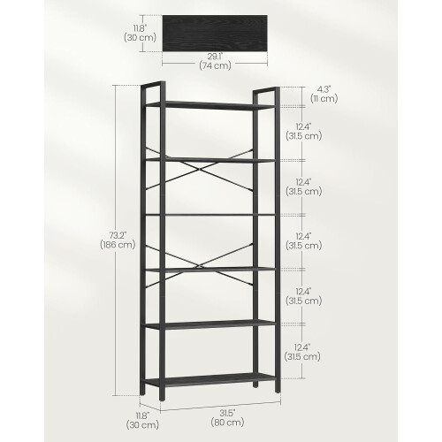 6-Tier Industrial Bookshelf with Ample Storage, Ebony Black 2