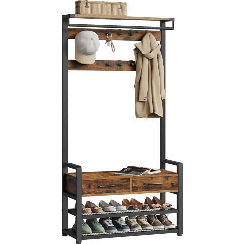 6-in-1 Hall Tree with Bench, Shoe Rack, Drawers & Hooks