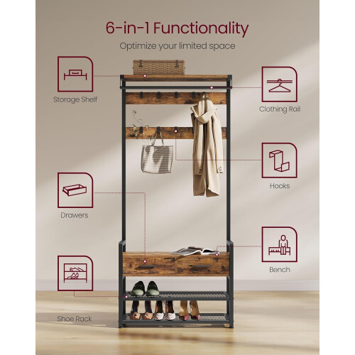 6-in-1 Hall Tree with Bench, Shoe Rack, Drawers & Hooks 2