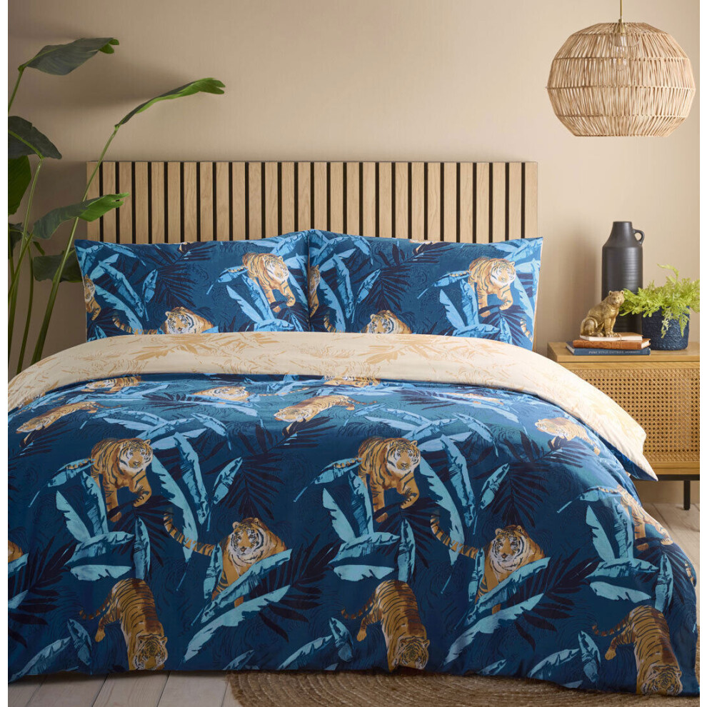 (King) Blue Jungle Palm Leaf Tiger Duvet Set