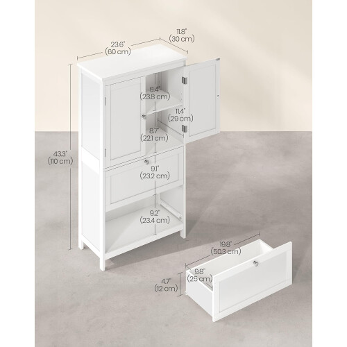 White Bathroom Cabinet with Adjustable Shelves and Drawers 1