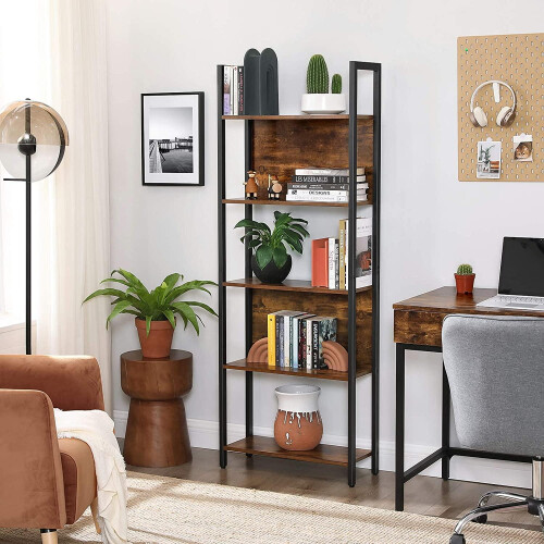 Rustic Brown 5-Shelf Bookcase with Steel Frame 2