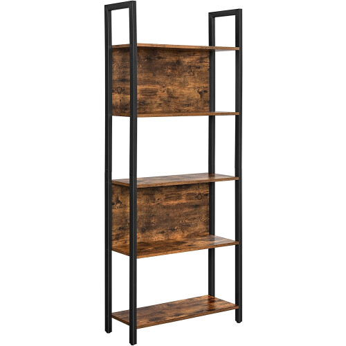 Rustic Brown 5-Shelf Bookcase with Steel Frame
