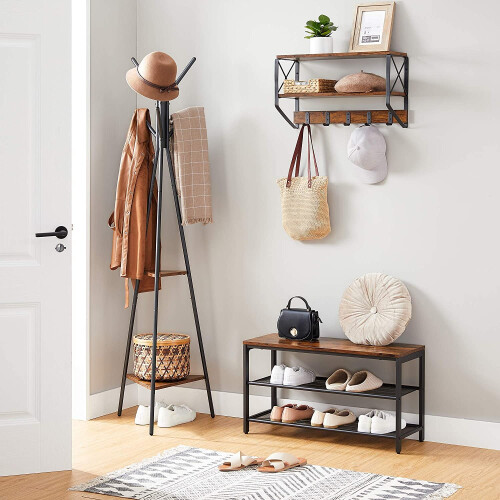 Triangular Coat Rack with Shelves - Rustic Brown Finish 1