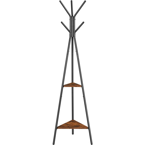 Triangular Coat Rack with Shelves - Rustic Brown Finish