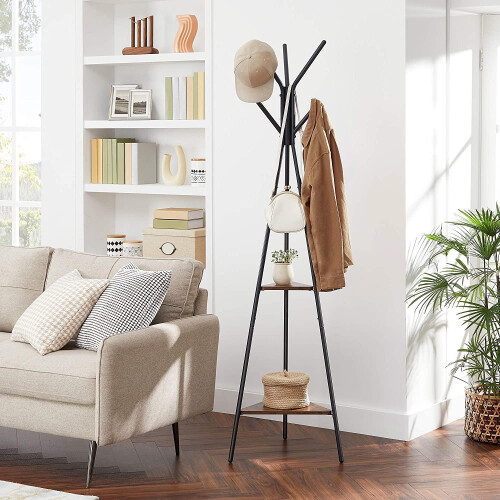 Triangular Coat Rack with Shelves - Rustic Brown Finish 2