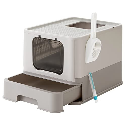 Easy-Clean Cat Litter Tray with Pull-Out Drawer & Grid Top