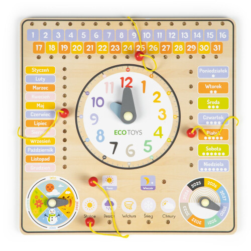 Manipulationstafel aus Holz mit Kalender und Uhr 1