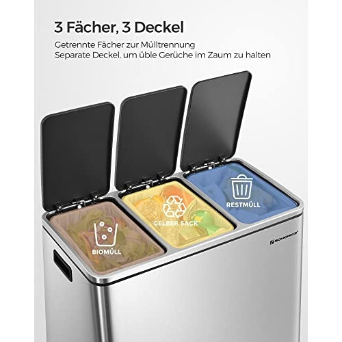 3-Compartment Soft-Close Pedal Recycling Bin, 54L Capacity 2