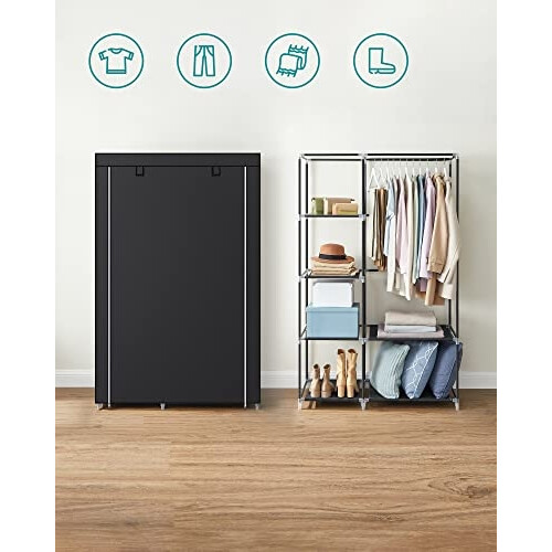 Black Fabric Wardrobe with Shelves and Hanging Rail 2
