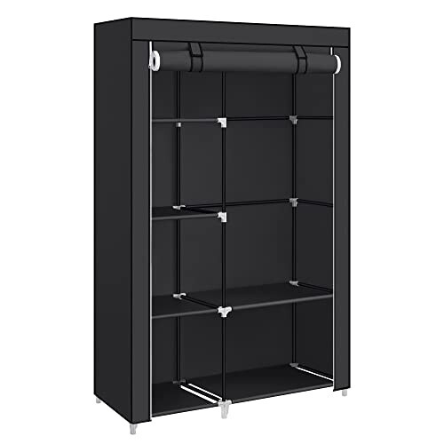 Black Fabric Wardrobe with Shelves and Hanging Rail