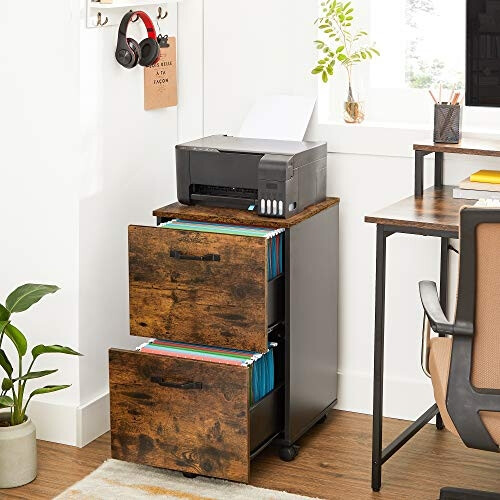 Rustic Mobile File Cabinet with 2 Drawers and Locking Wheels 1
