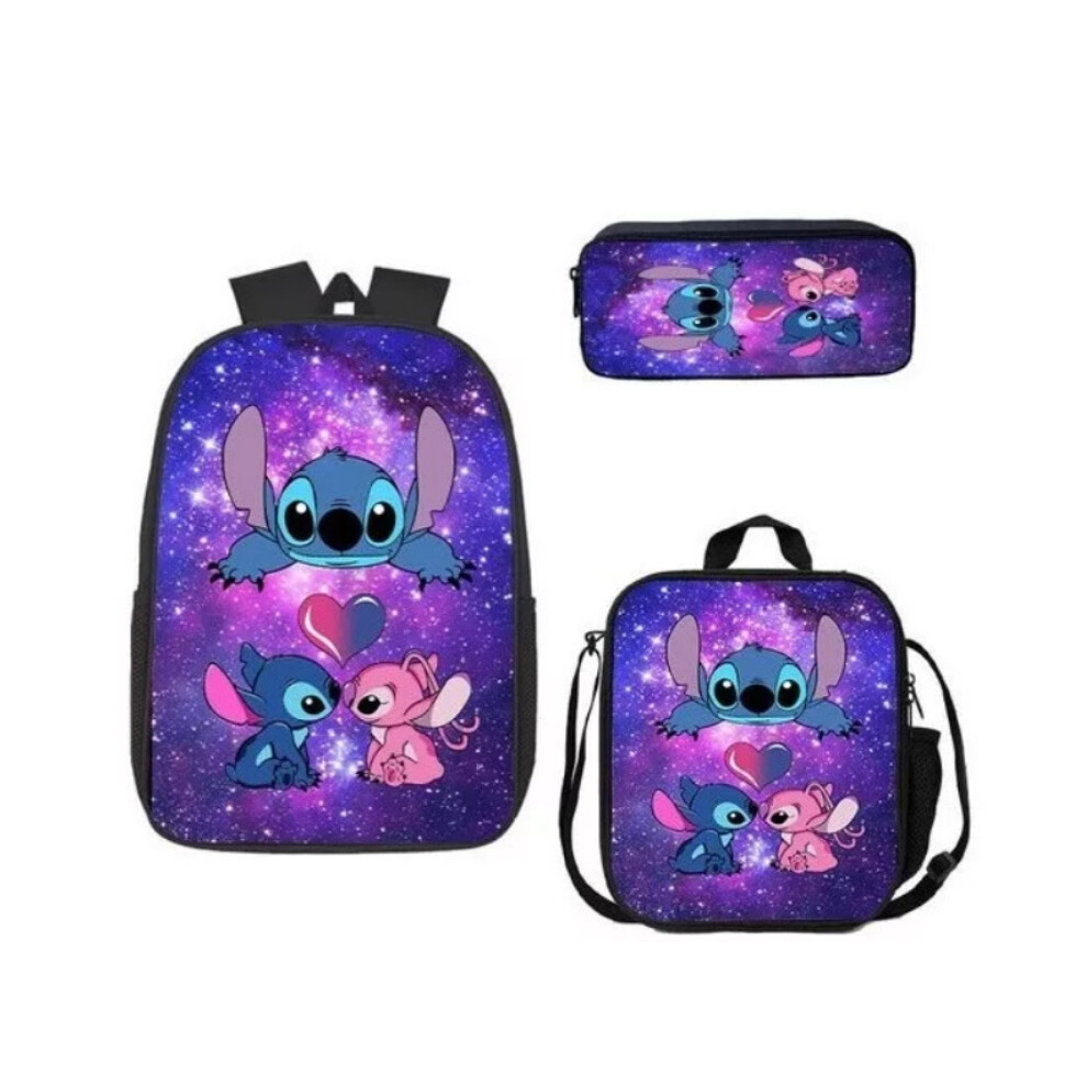 (A) 3 Piece 42cm School Backpack Bag, Lunch bag and Pencil Case Set for Kids Teenage Girls, 3D Printed Cute Stitch Backpacks