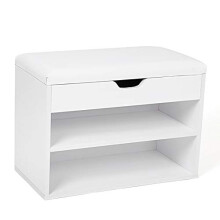 Matte White Wooden Shoe Bench with Padded Seat & Storage