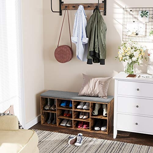 Comfortable Shoe Bench with Cushion and Storage Compartments 1