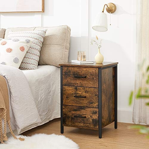 Rustic Industrial Bedside Table with 3 Drawers 1