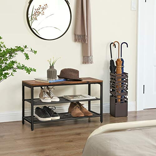 Rustic Brown Shoe Bench with 2 Mesh Shelves, Easy Assembly 1