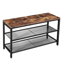 Rustic Brown Shoe Bench with 2 Mesh Shelves, Easy Assembly