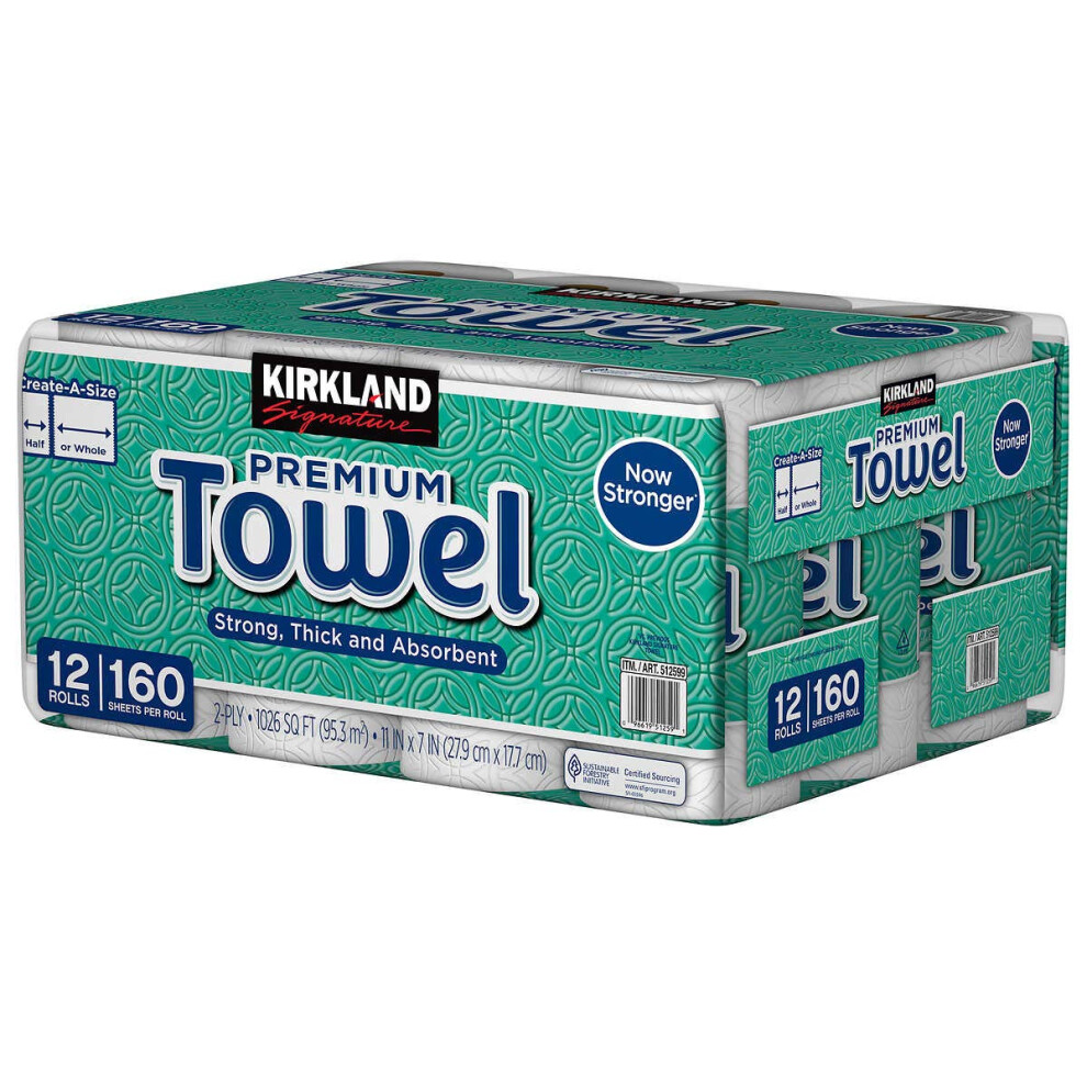 Kirkland Signature Paper Towels, 2-Ply, 160 Sheets, 12 Individually Wrapped Rolls