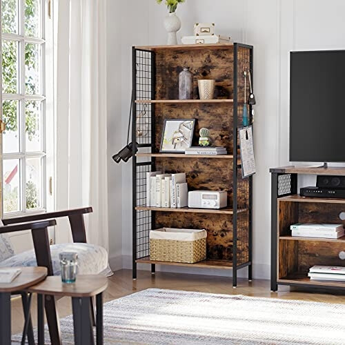 Elegant Matte Black Bookcase with Rustic Brown Shelves 1
