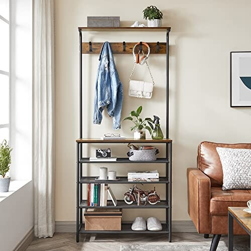 Industrial Hall Tree with Shoe Storage & Coat Hooks 2