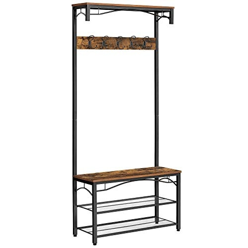 Rustic Brown Coat Shoe Rack with Bench & Storage Shelves