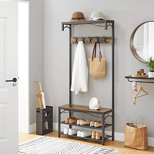 Rustic Brown Coat Shoe Rack with Bench & Storage Shelves 2