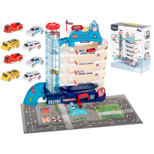 Parkhaus 5 Ebenen, elektrischer Aufzug + Matte + 8 Autos