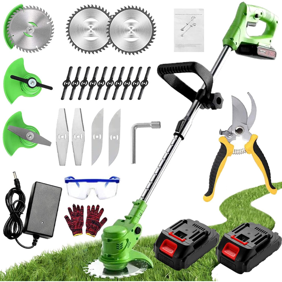 (Green) Garden trimmer with blades, rechargeable trimmer, electric retractable brush cutter, lawn trimmer with 2 x 24V 2.0mAh batteries for garden,...
