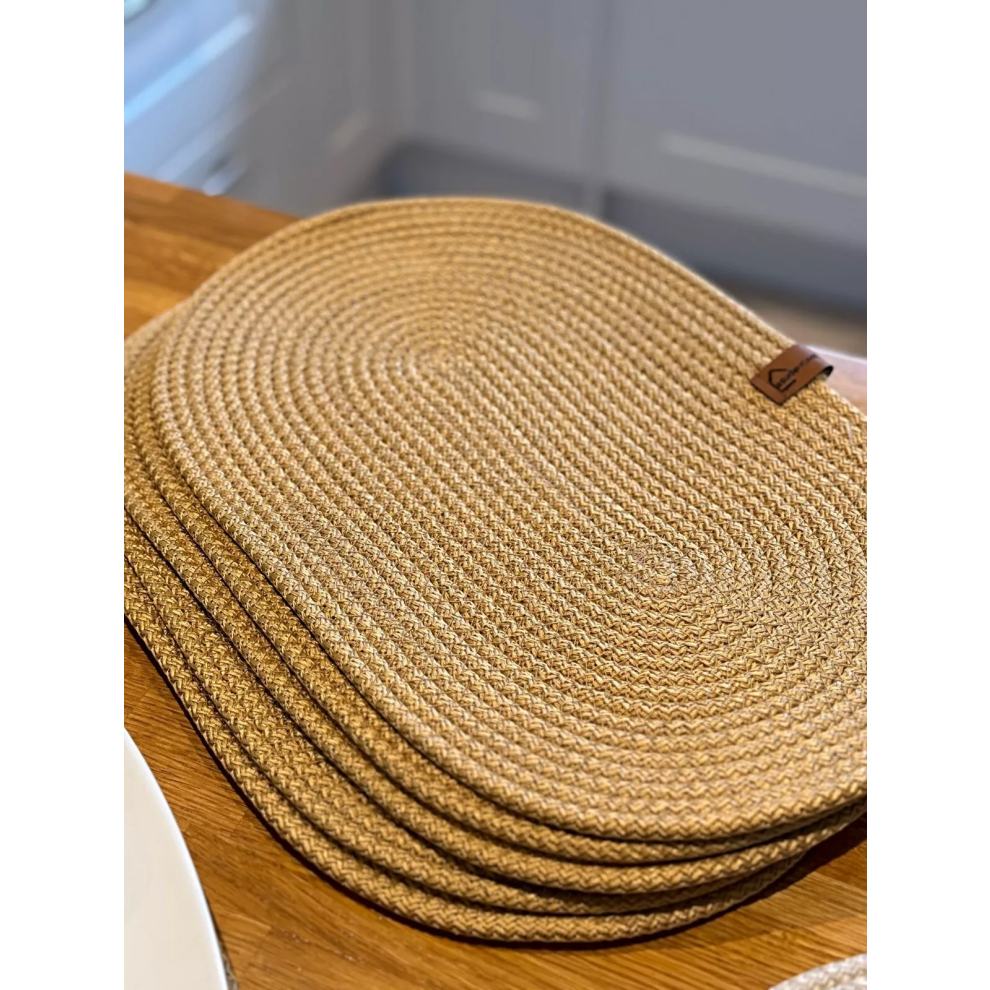 (Gold, Oval Placemats) Set of 6 Placemats/Coasters Woven Hand Made Knit