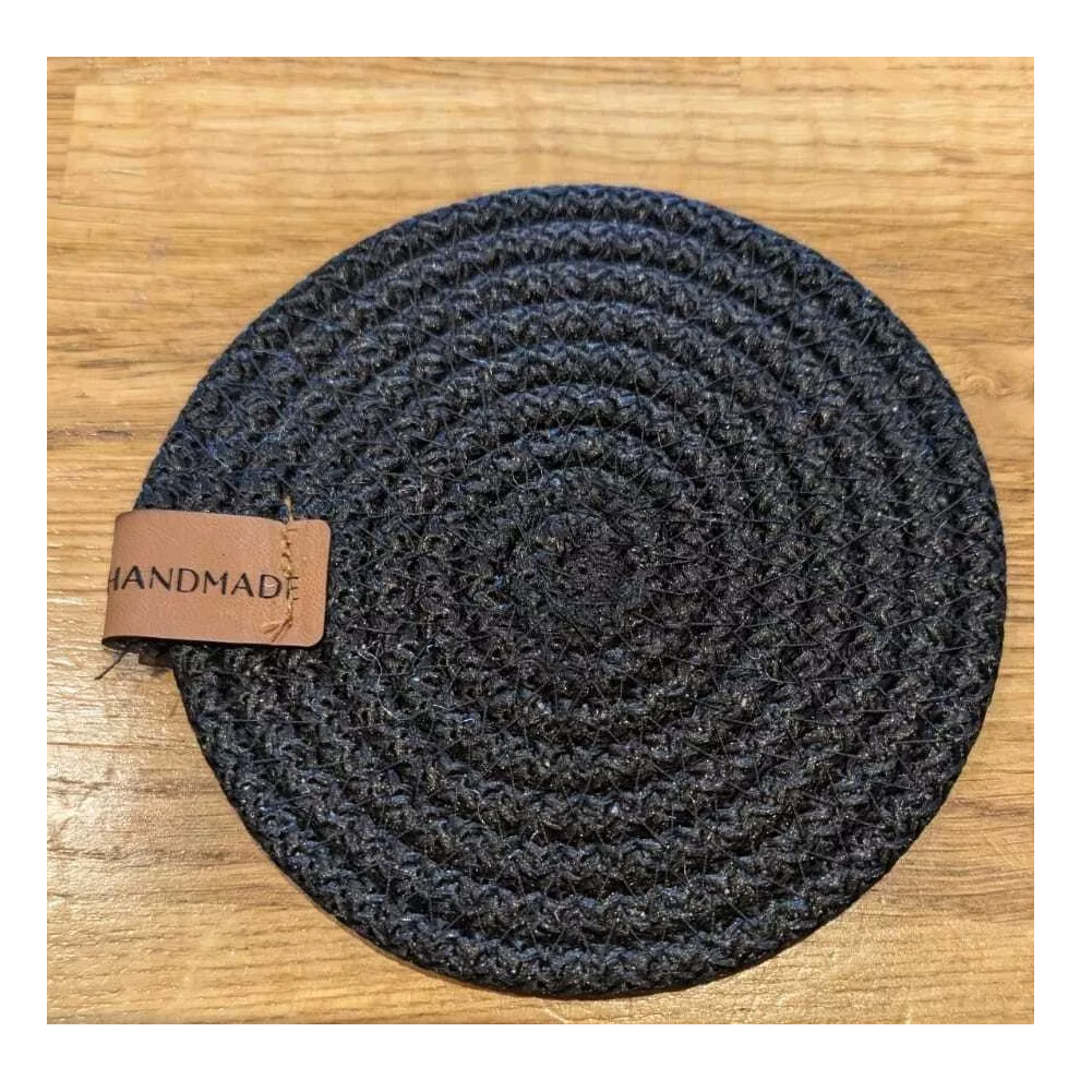 (Black, Round Coasters) Set of 6 Placemats/Coasters Woven Hand Made Knit