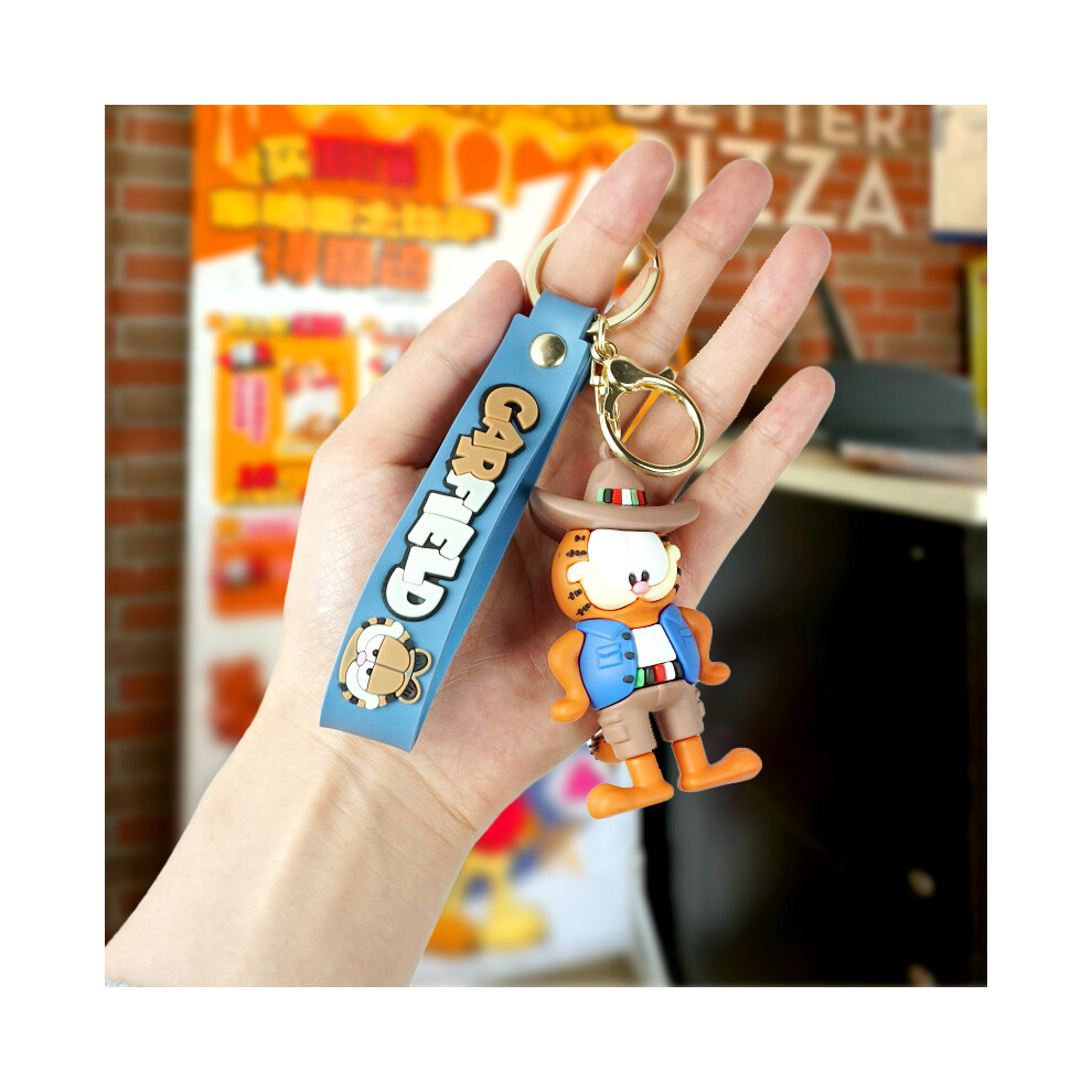 (DenimHat) Garfield Keychain Cheerful Cartoon Figure With Cowboy Hat Fun Bag Accessory