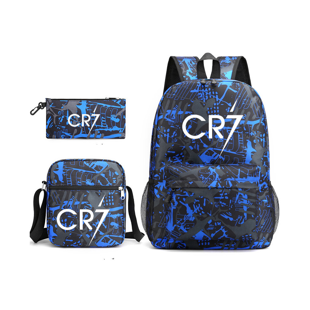 (Blue) 3Pcs/set Football Star CR7 Ronaldo Backpack Shoulder bag Pencil Bag For Kids