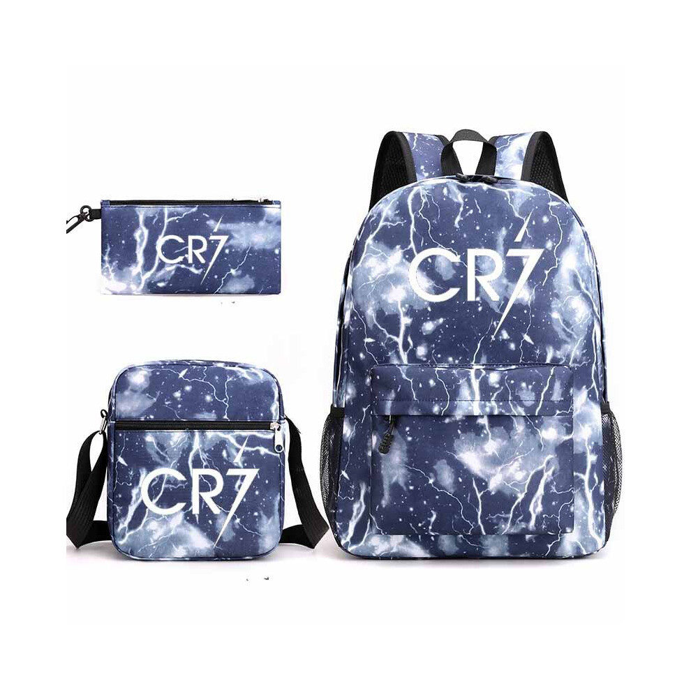 (Sky Blue) 3Pcs/set Football Star CR7 Ronaldo Backpack Shoulder bag Pencil Bag For Kids