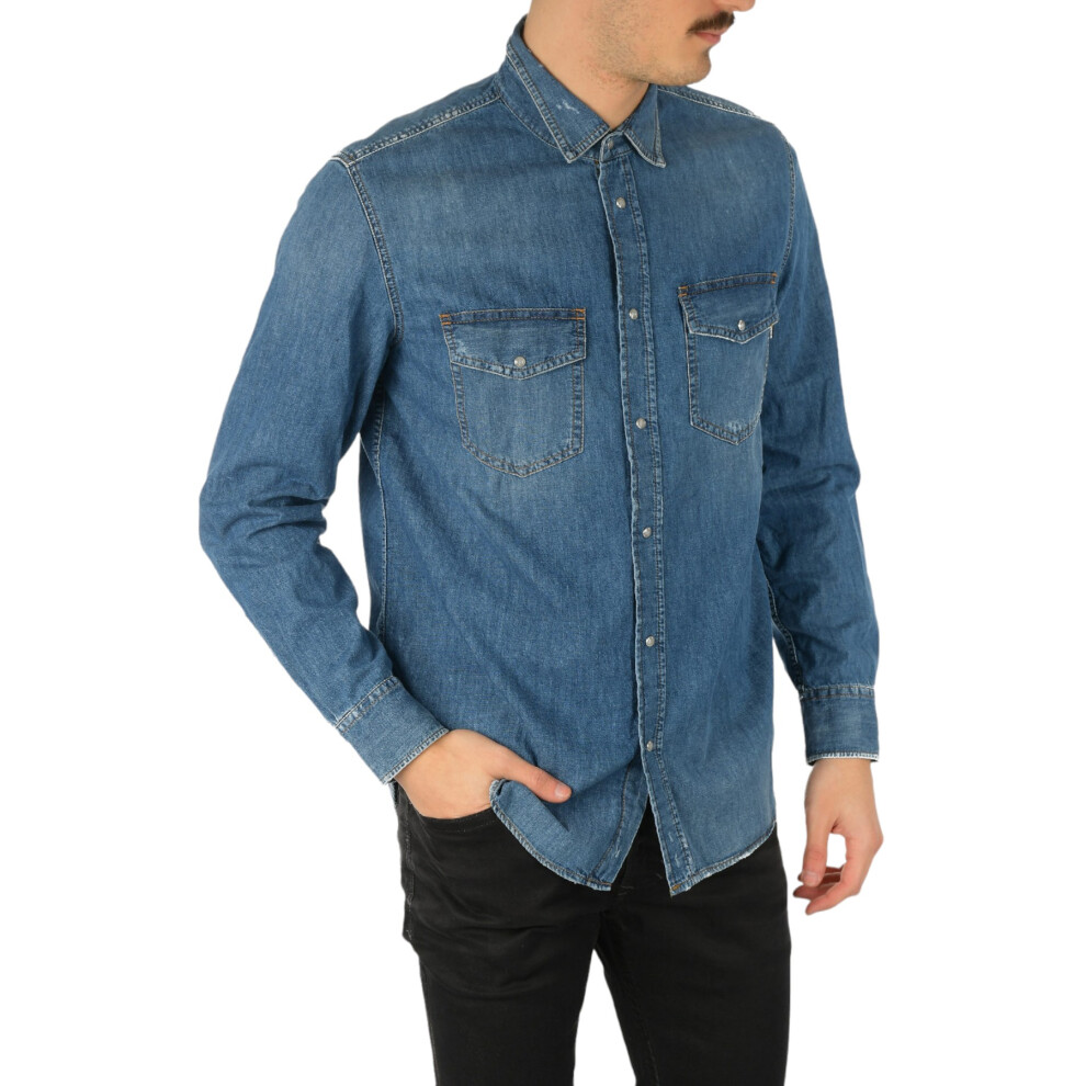 (L) DIESEL D-ROOKE Mens Denim Shirt Long Sleeve Vintage Button Down Jeans Shirts