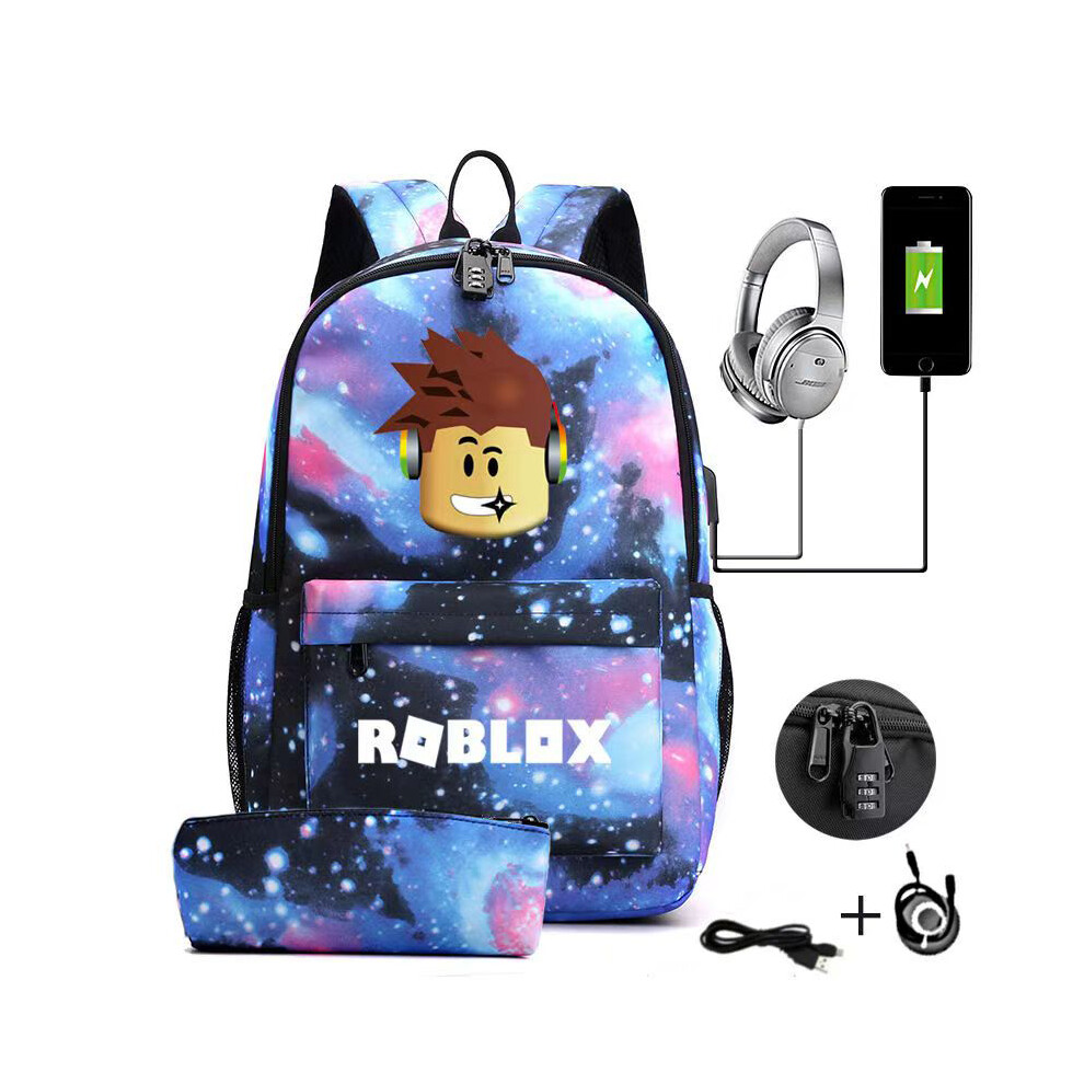 (Sky Blue) 4Pcs/set Cartoon Roblox Schoolbag Usb Gamer Backpack Kids