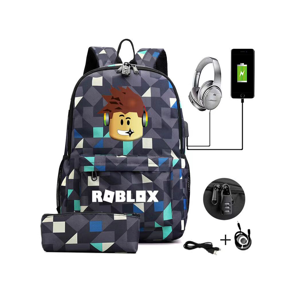 (Lattices Black) 4Pcs/set Cartoon Roblox Schoolbag Usb Gamer Backpack Kids