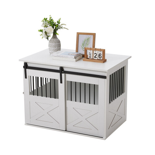 Wooden Dog Crate with Lockable Barn Door for Large Dog