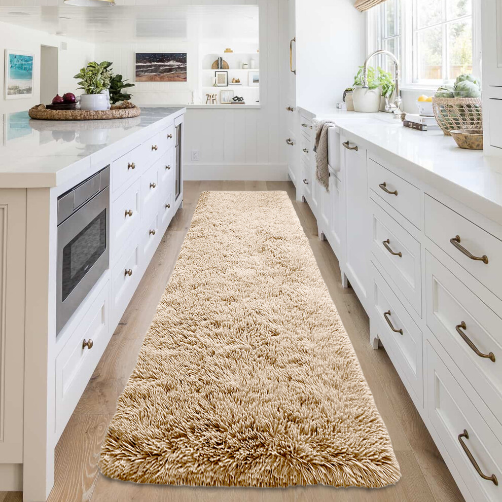 (80 cm x 300 cm (2 ft 6 in x 10 ft), Shaggy Fluffy Beige) Shaggy Rugs Non Slip Hallway Runner Bath Door Mats