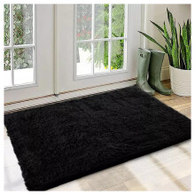 (50 cm x 80 cm (1 ft 4 in x 2 ft 6 in), Shaggy Fluffy Black) Shaggy Rugs Non Slip Hallway Runner Bath Door Mats